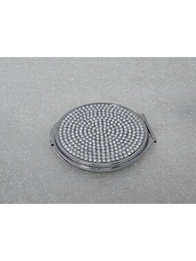 Crystal Rhinestone Embellished Compact Mirror Dual Sides Silver Tone Foldable